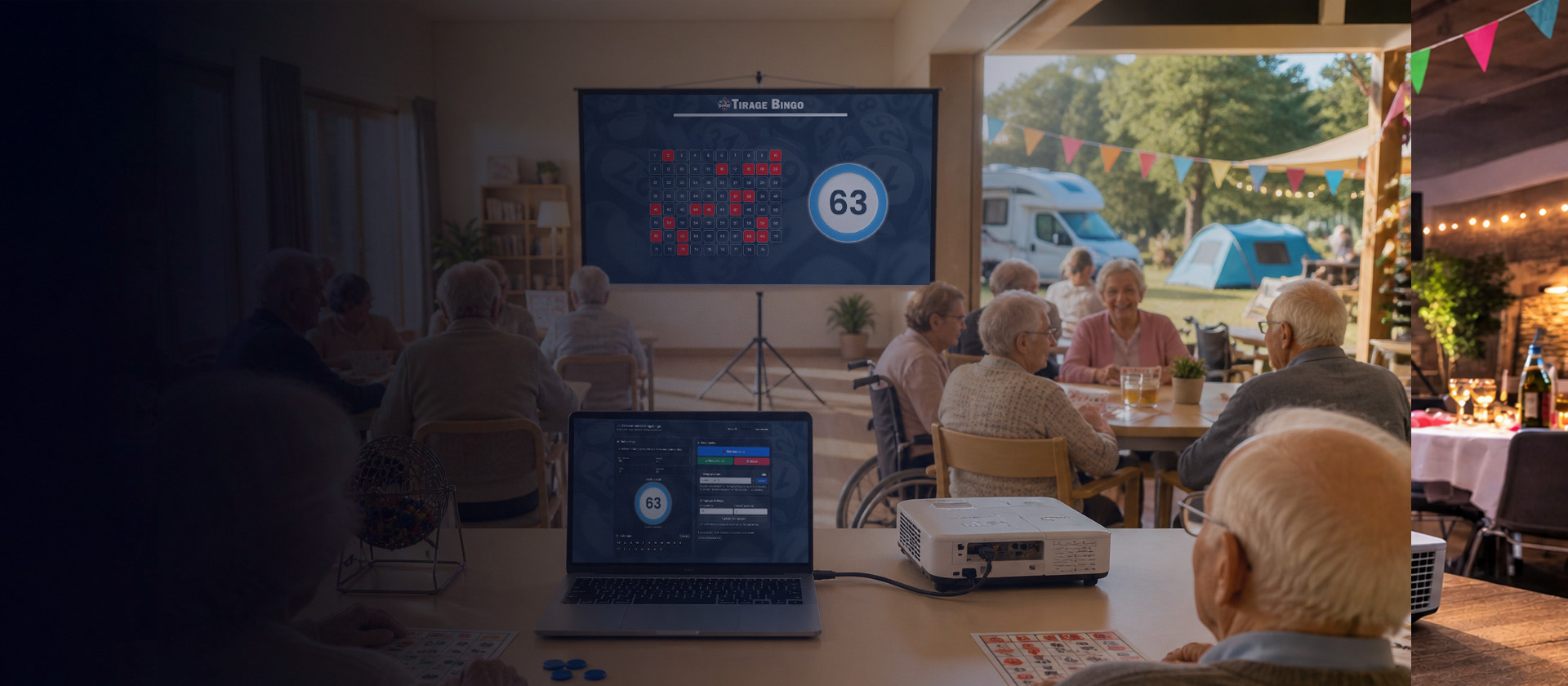 Animation bingo conviviale dans une résidence senior ou camping avec participants réunis autour d’un grand écran, ordinateur portable et vidéoprojecteur